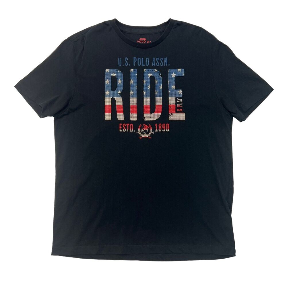 US Polo Assn T Shirt Mens XXL 2XL Black Graphic Ride & Play Biker USA Flag Tee